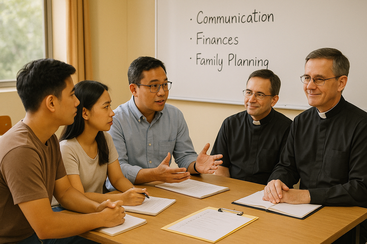 Counselor and priest facilitating a small group session with a young couple
