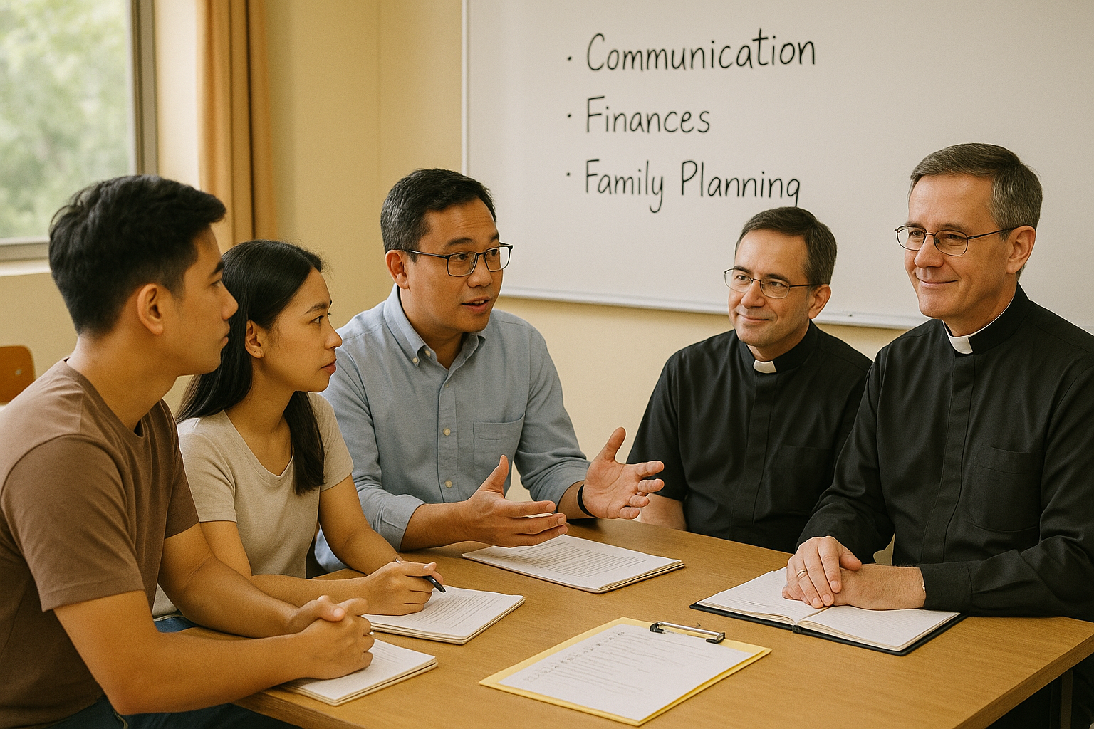Counselor and priest facilitating a small group session with a young couple