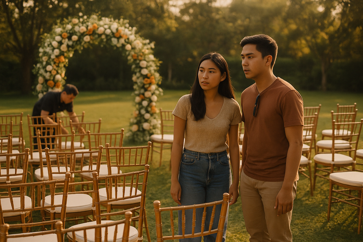 Young Filipino couple tours garden ceremony venue with aisle chairs and arch