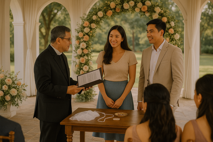 Young Filipino couple with officiant at altar discussing vows in chapel