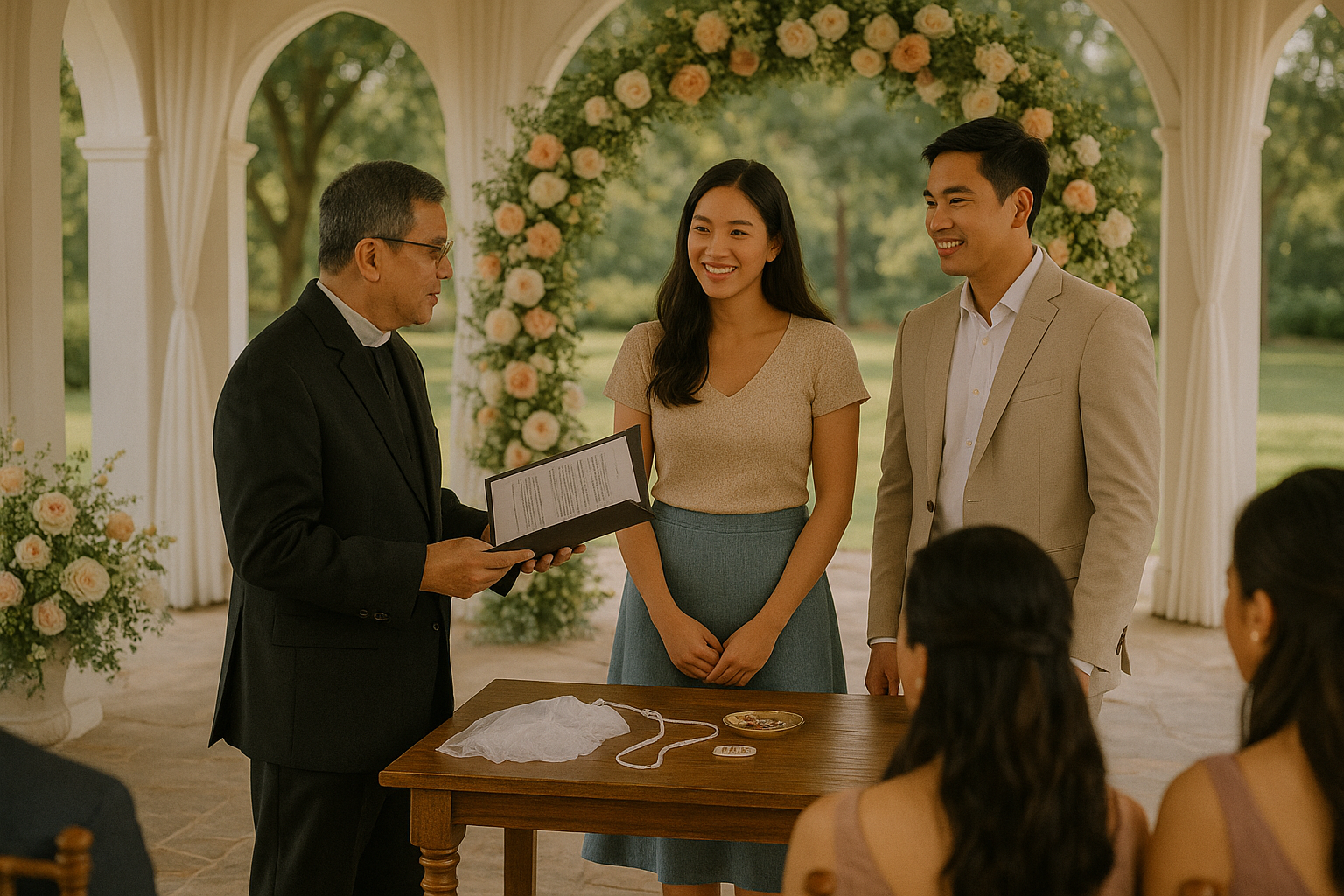 Young Filipino couple with officiant at altar discussing vows in chapel