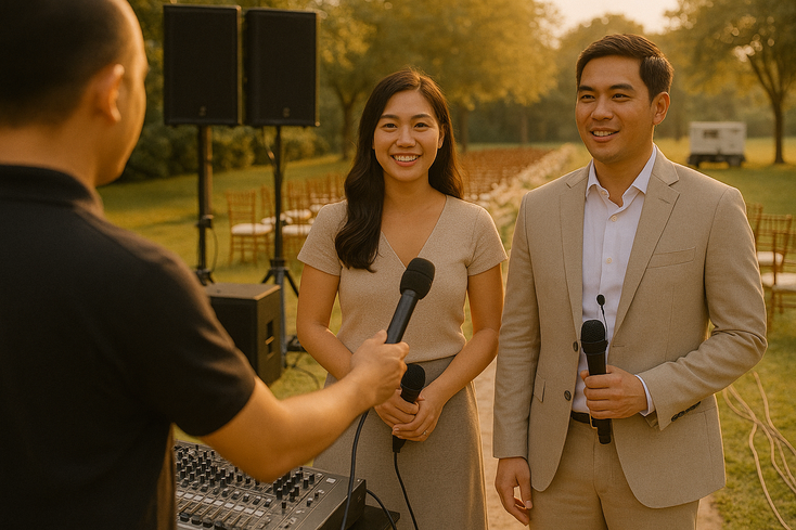 Young Filipino couple during ceremony sound check with microphones and speakers