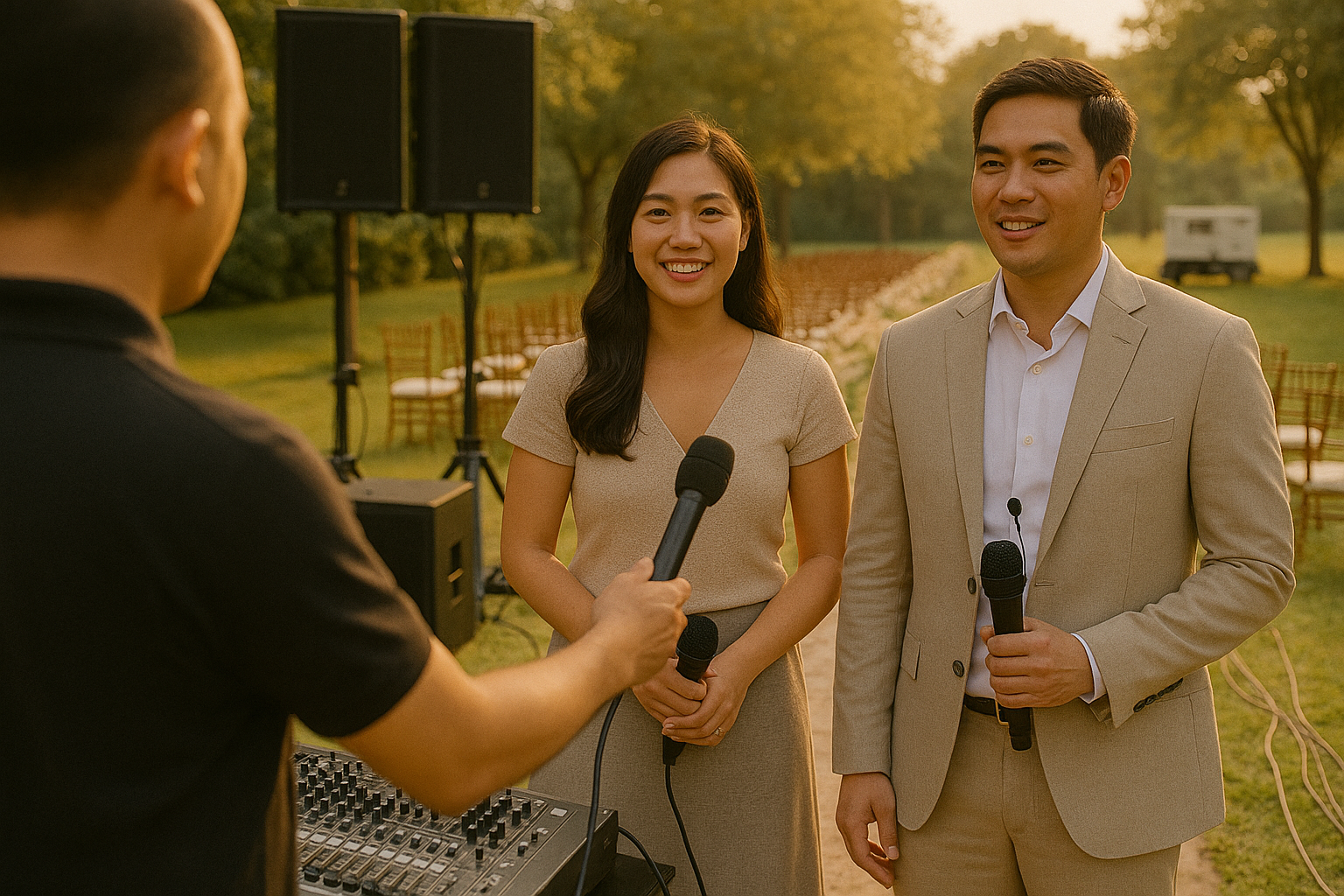Young Filipino couple during ceremony sound check with microphones and speakers