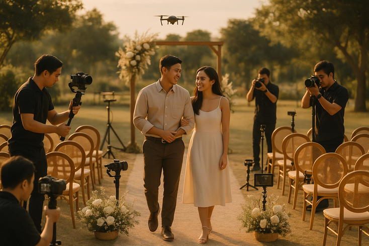 Young Filipino couple with photographer videographer and livestream rig at aisle