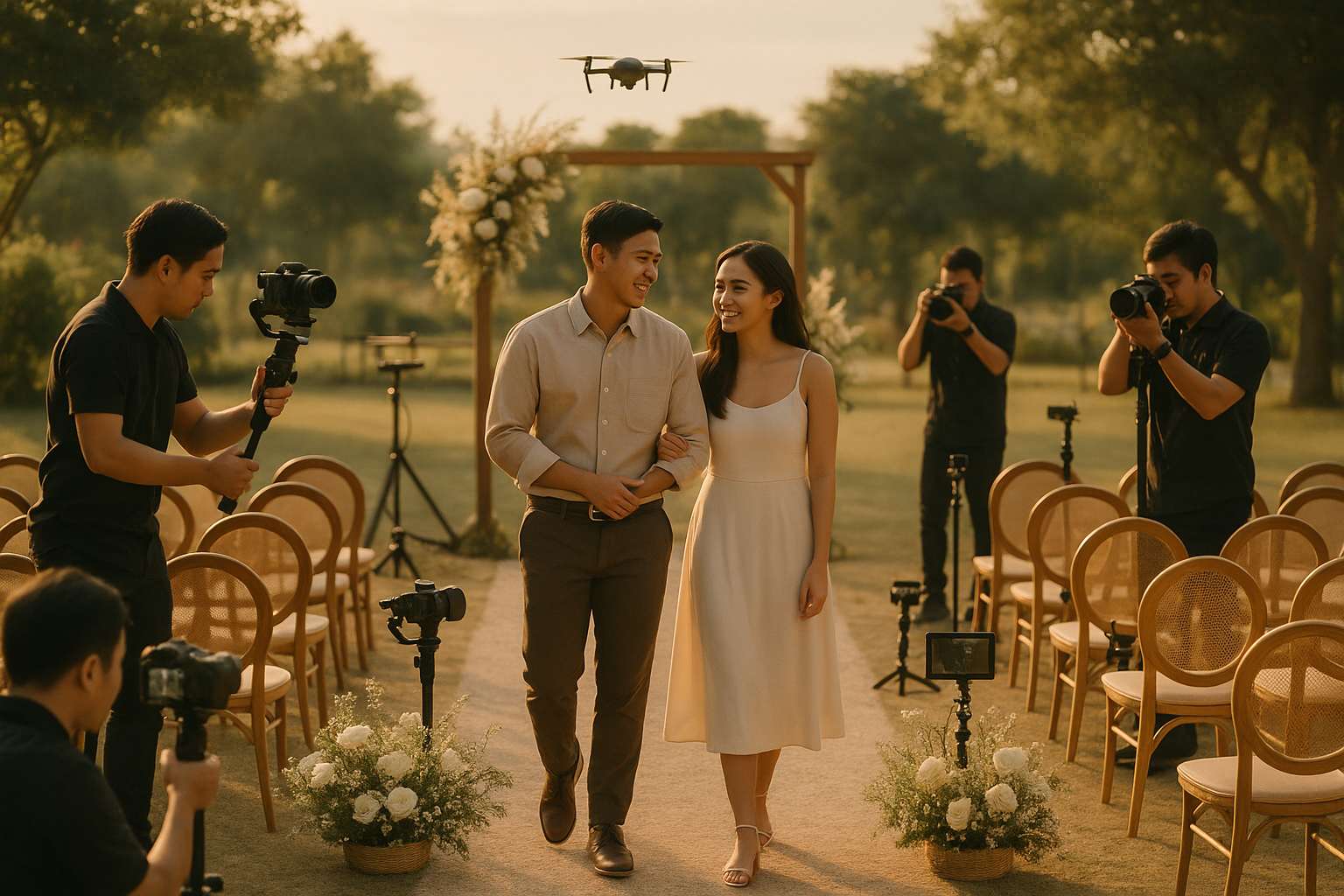 Young Filipino couple with photographer videographer and livestream rig at aisle