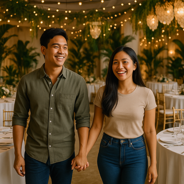 Young Filipino couple tours wedding reception hall with tropical decor and fairy lights in the Philippines