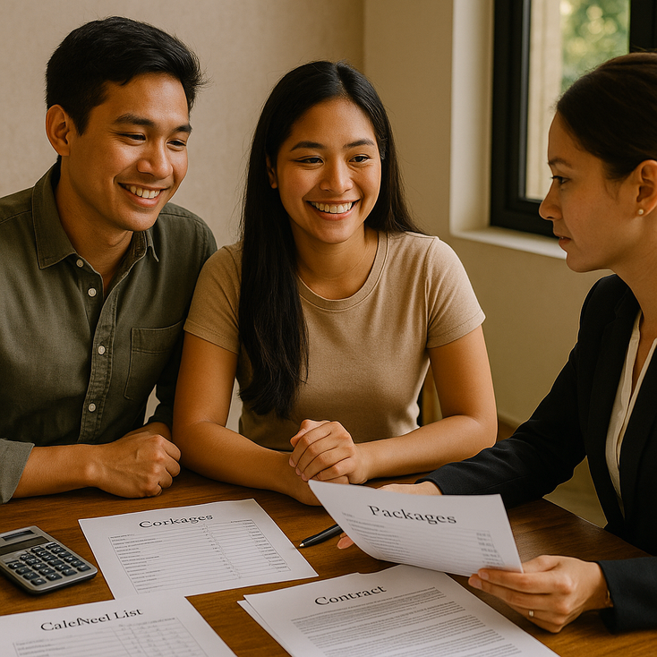 Young Filipino couple reviews venue packages contract and corkage details with manager at a table