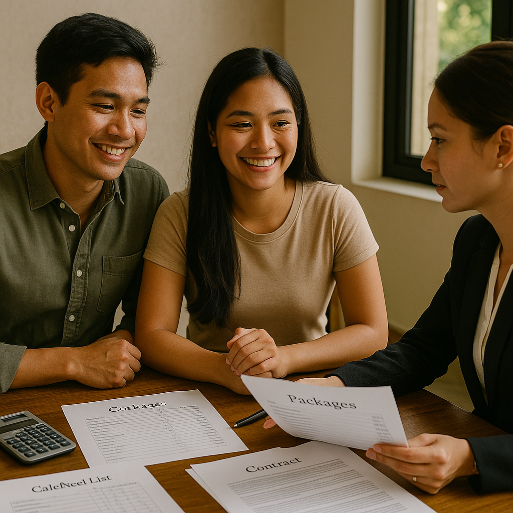 Young Filipino couple reviews venue packages contract and corkage details with manager at a table