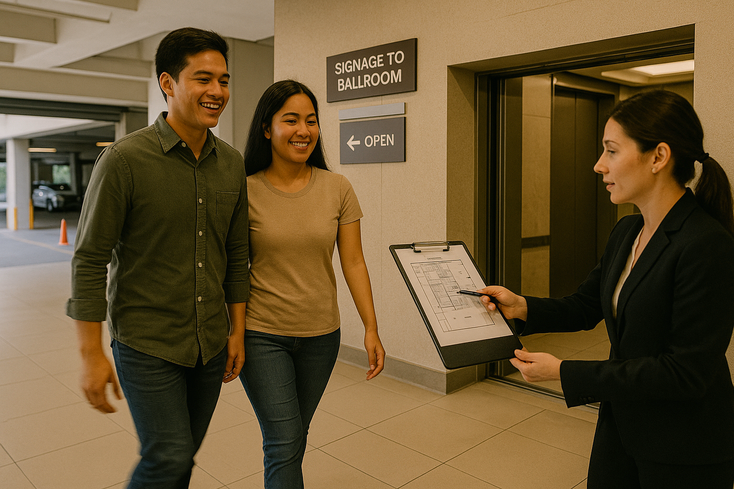 Young Filipino couple inspects venue load in route cargo elevator and guest flow signage