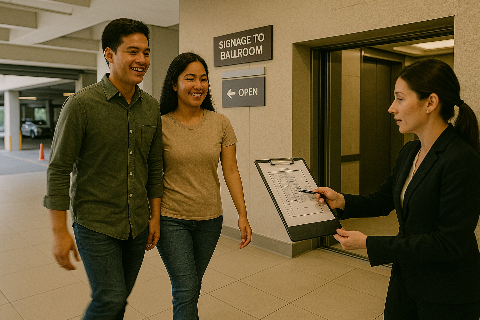 Young Filipino couple inspects venue load in route cargo elevator and guest flow signage