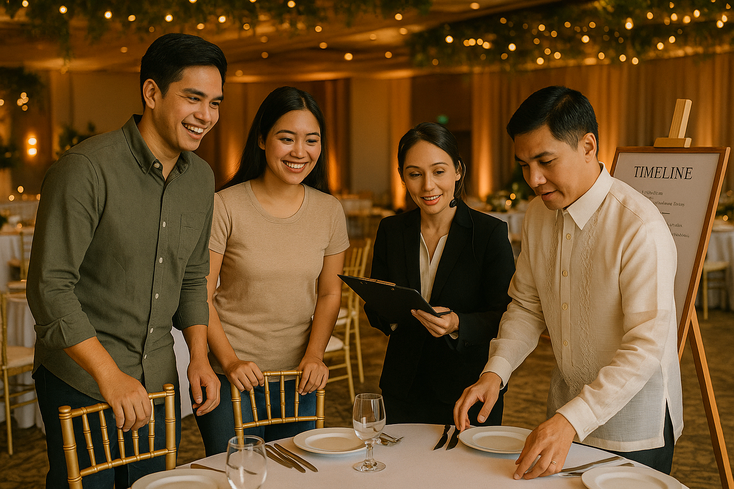 Young Filipino couple coordinates with banquet staff and event manager during reception setup