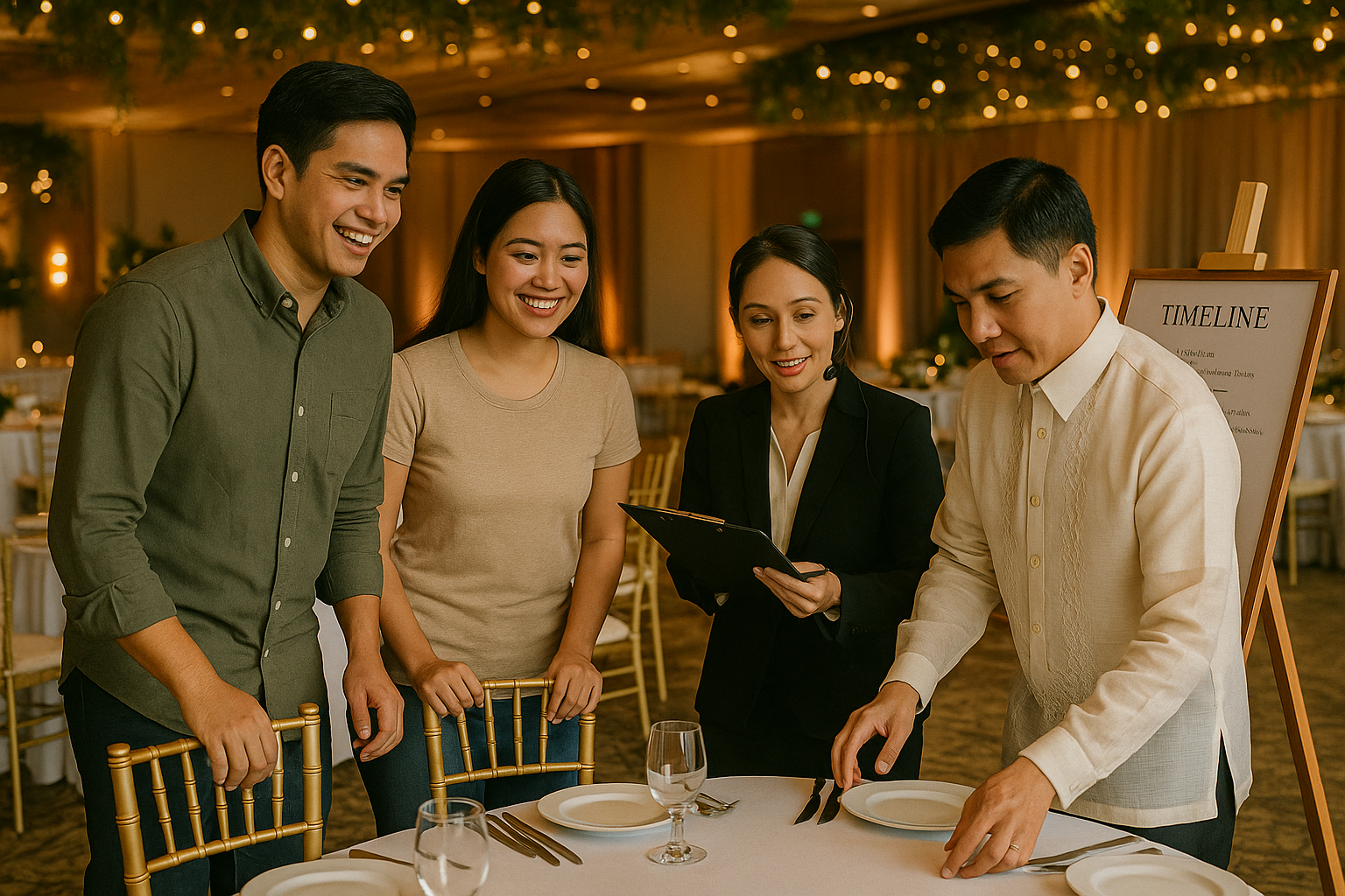 Young Filipino couple coordinates with banquet staff and event manager during reception setup