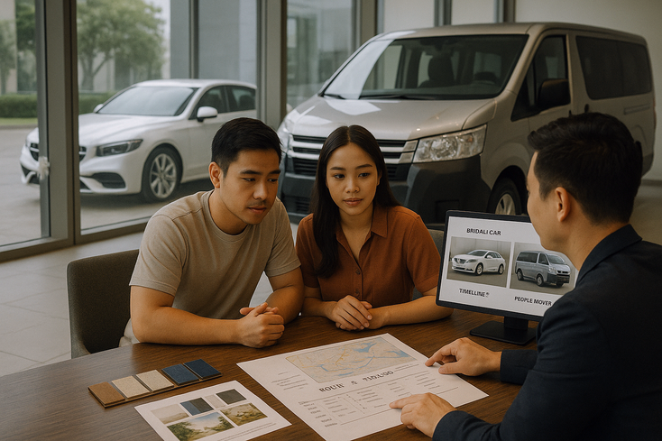 Young couple planning wedding transport while viewing a bridal car and van through a showroom window.