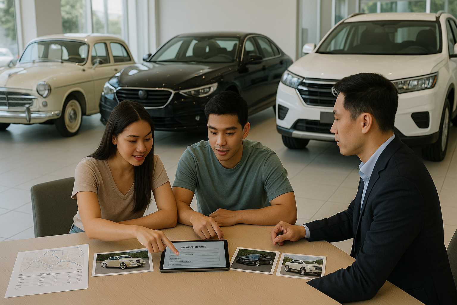 Couple comparing a vintage car, luxury sedan, and SUV for wedding-day transport at a dealership.