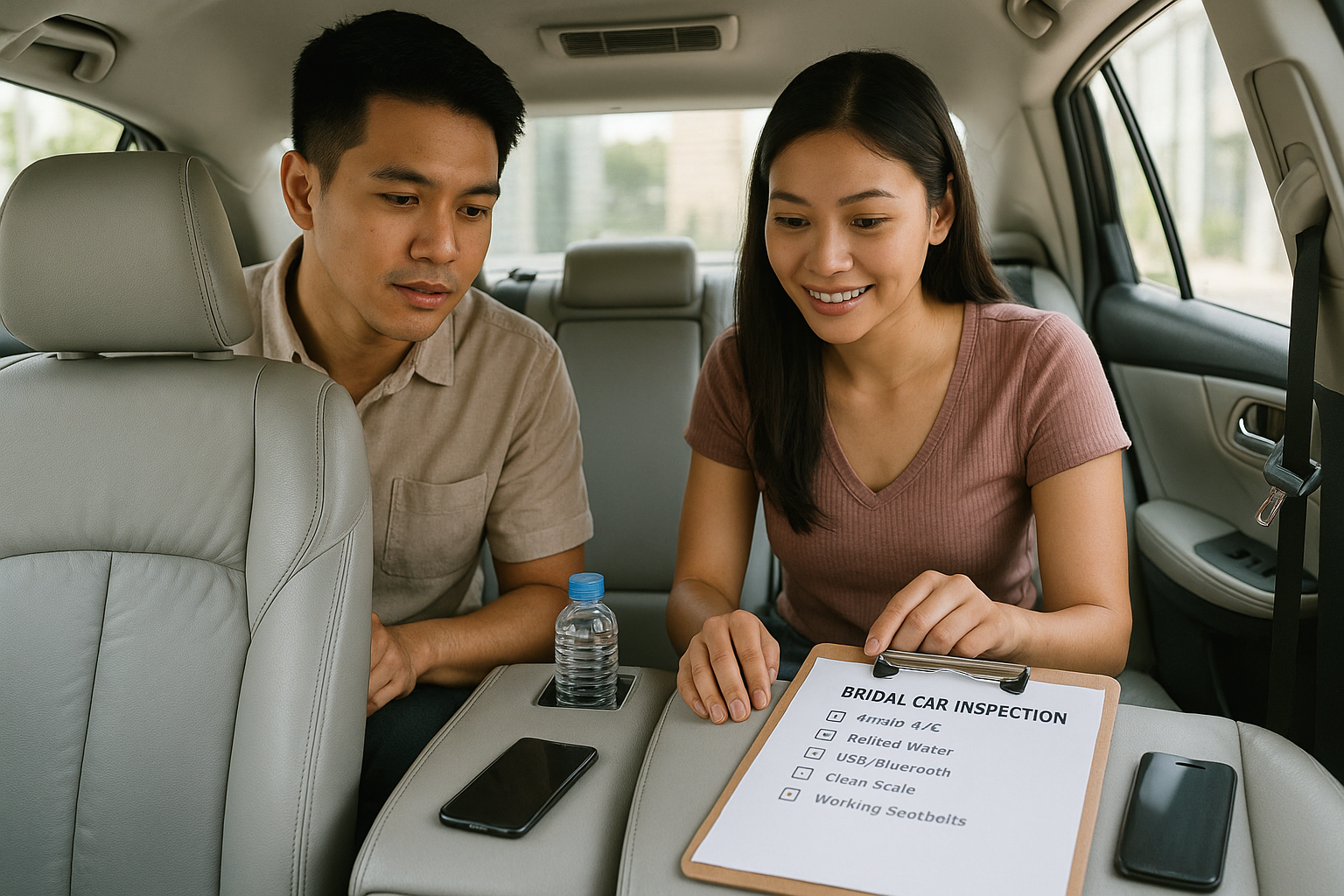 Couple checking AC, seatbelts, and in-car amenities inside a bridal car with a checklist in hand.