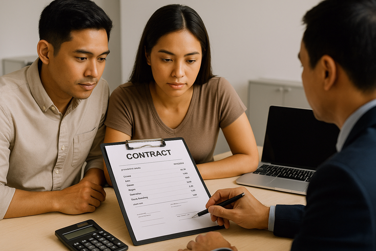 Couple studying a wedding transport contract showing inclusions, extras, and fees at a desk.