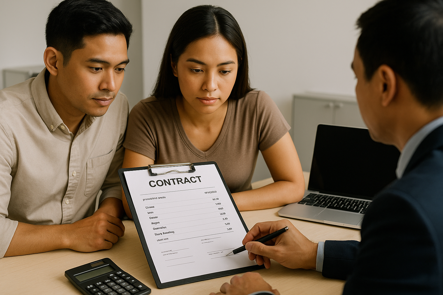 Couple studying a wedding transport contract showing inclusions, extras, and fees at a desk.
