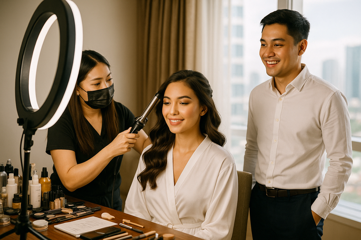 Young Filipino bride getting soft glam hair and makeup while groom looks on in a bright prep room