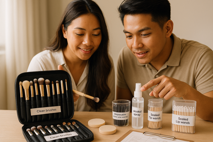 Sanitized makeup kit with disposable wands clean brushes and fresh sponges reviewed by a young Filipino couple