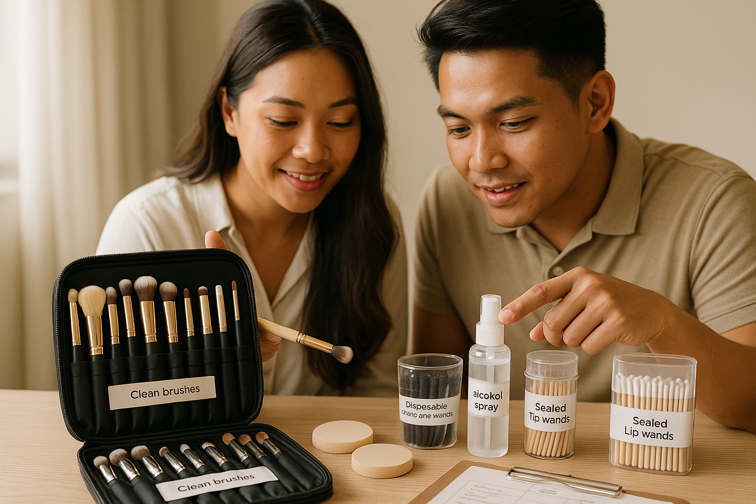 Sanitized makeup kit with disposable wands clean brushes and fresh sponges reviewed by a young Filipino couple