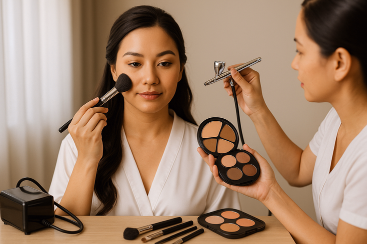 HMUA demonstrating airbrush and traditional makeup techniques on a young Filipino bride