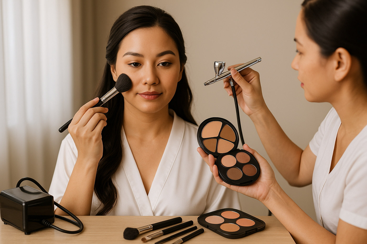 HMUA demonstrating airbrush and traditional makeup techniques on a young Filipino bride