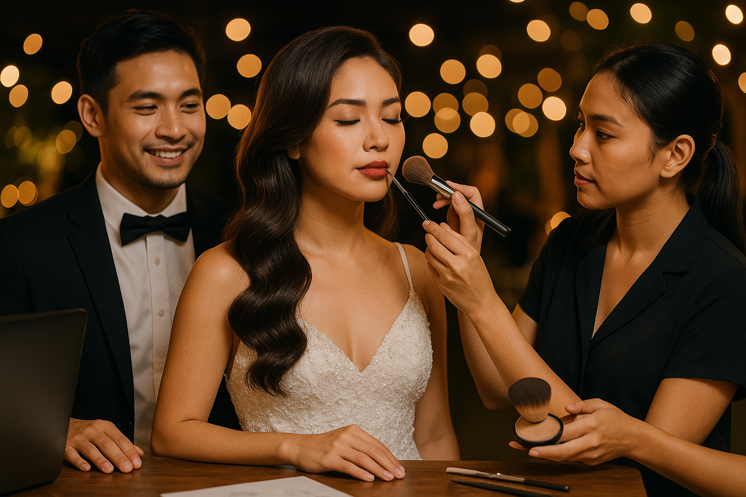 Artist doing reception touch ups and second look hairstyle with optional body coverage for a young Filipino bride