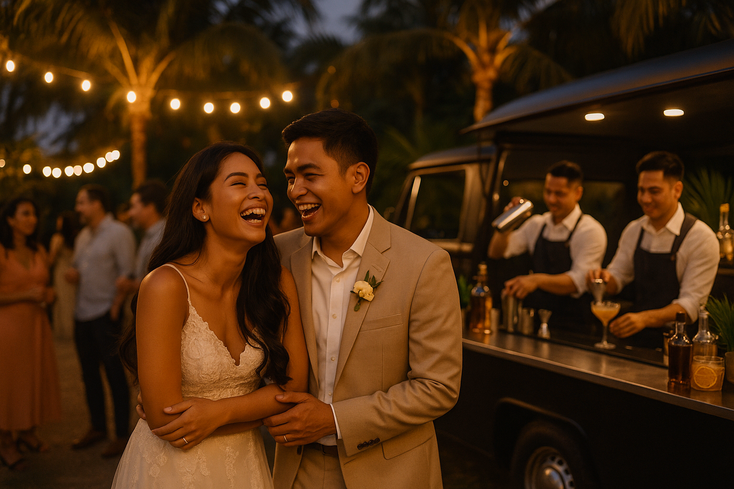 Young Filipino couple at a wedding mobile bar with bartenders mixing cocktails under warm lights