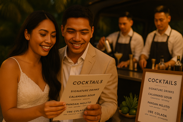 Couple reviewing a customized cocktail menu with local ingredients at a mobile bar