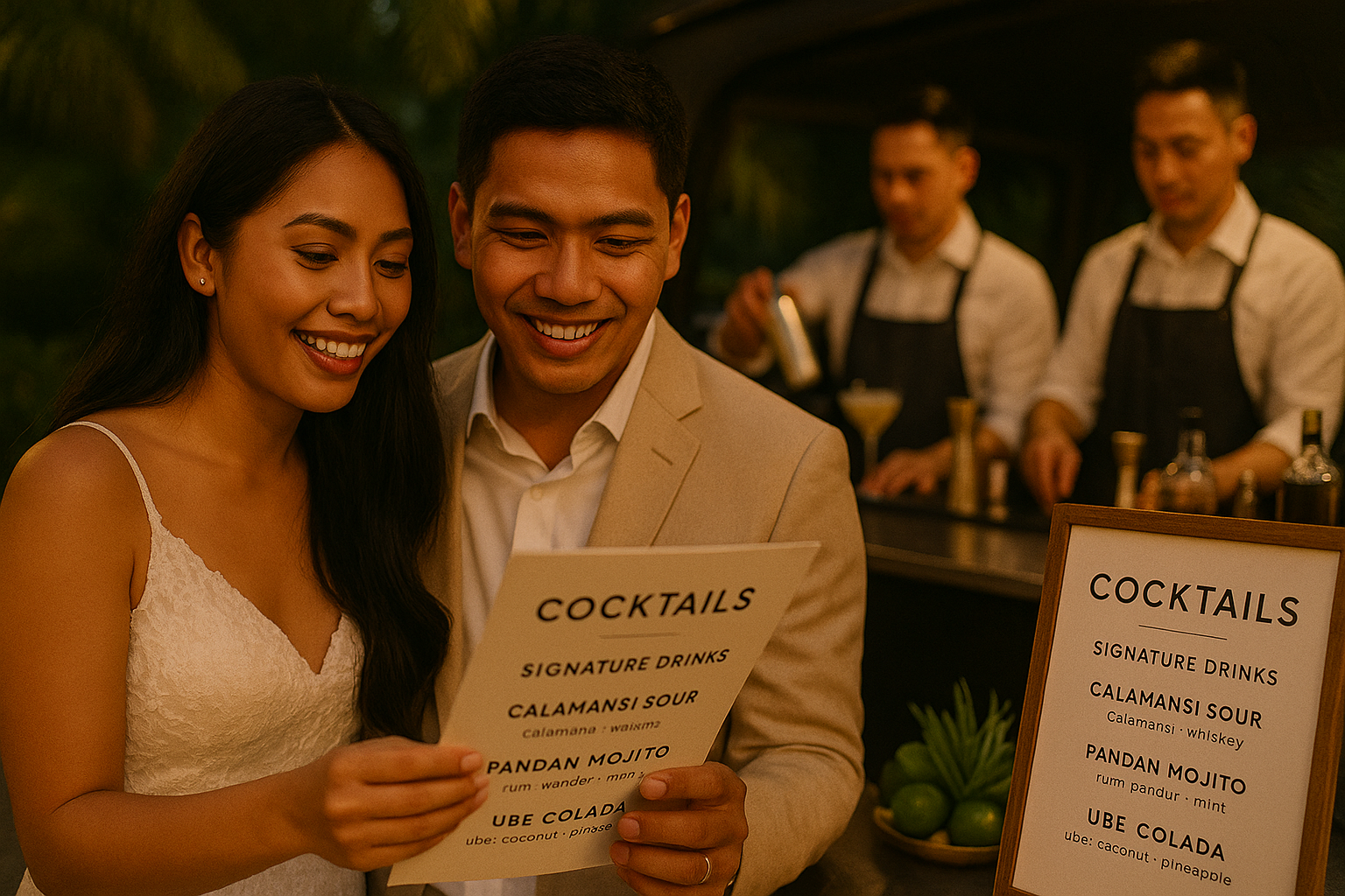 Couple reviewing a customized cocktail menu with local ingredients at a mobile bar