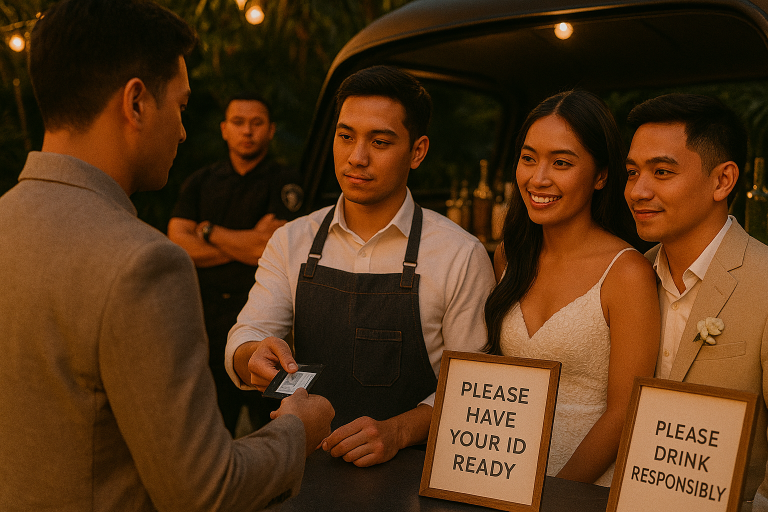 Bartender checking a guest ID while the couple observes responsible service signage at a wedding