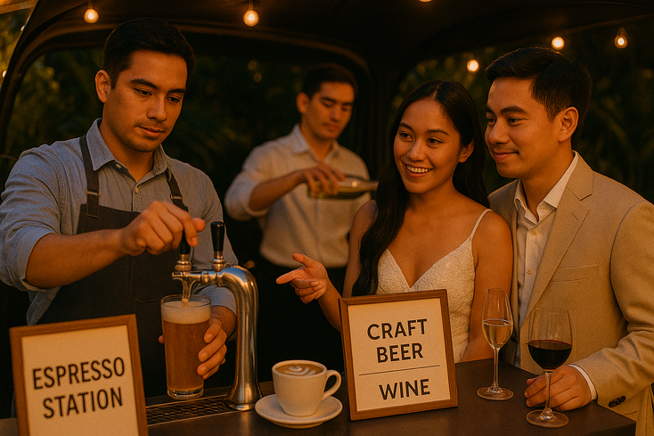 Couple choosing espresso craft beer and wine options at a wedding mobile bar
