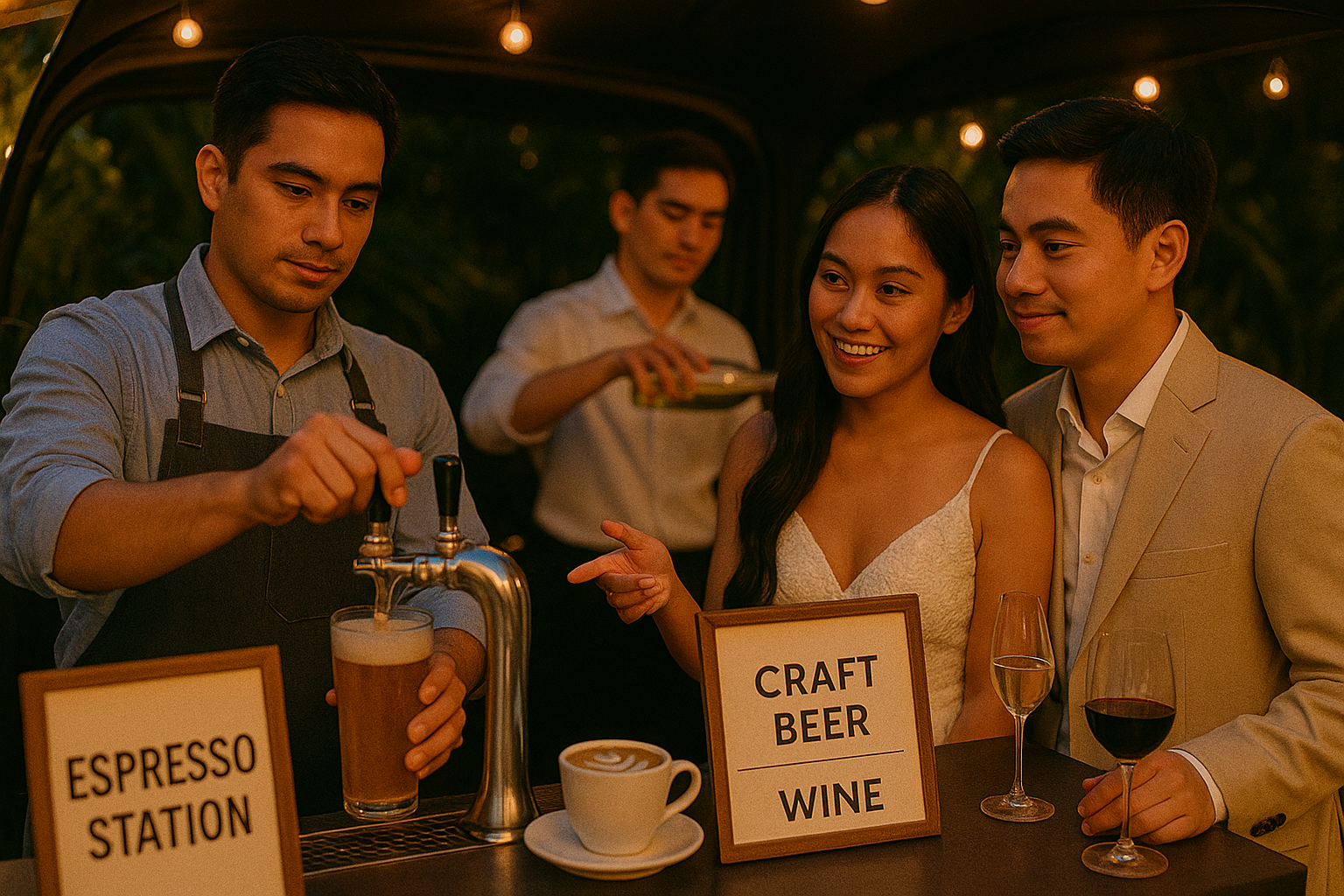 Couple choosing espresso craft beer and wine options at a wedding mobile bar