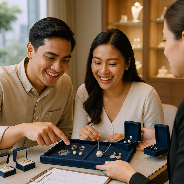 Young Filipino couple choosing wedding jewelry in a Manila boutique with rings pearls and arrhae on a tray
