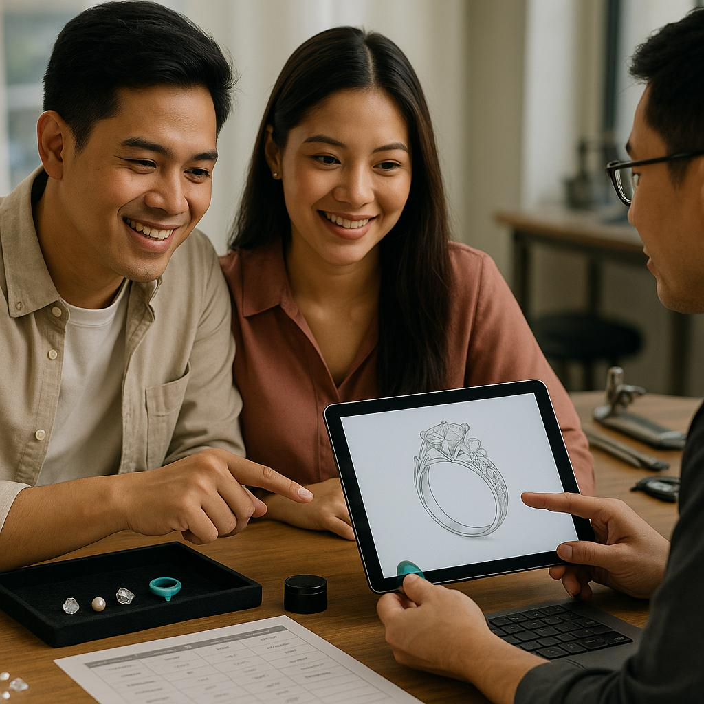Young Filipino couple reviewing CAD and wax model for custom rings with sampaguita motif and Baybayin engraving
