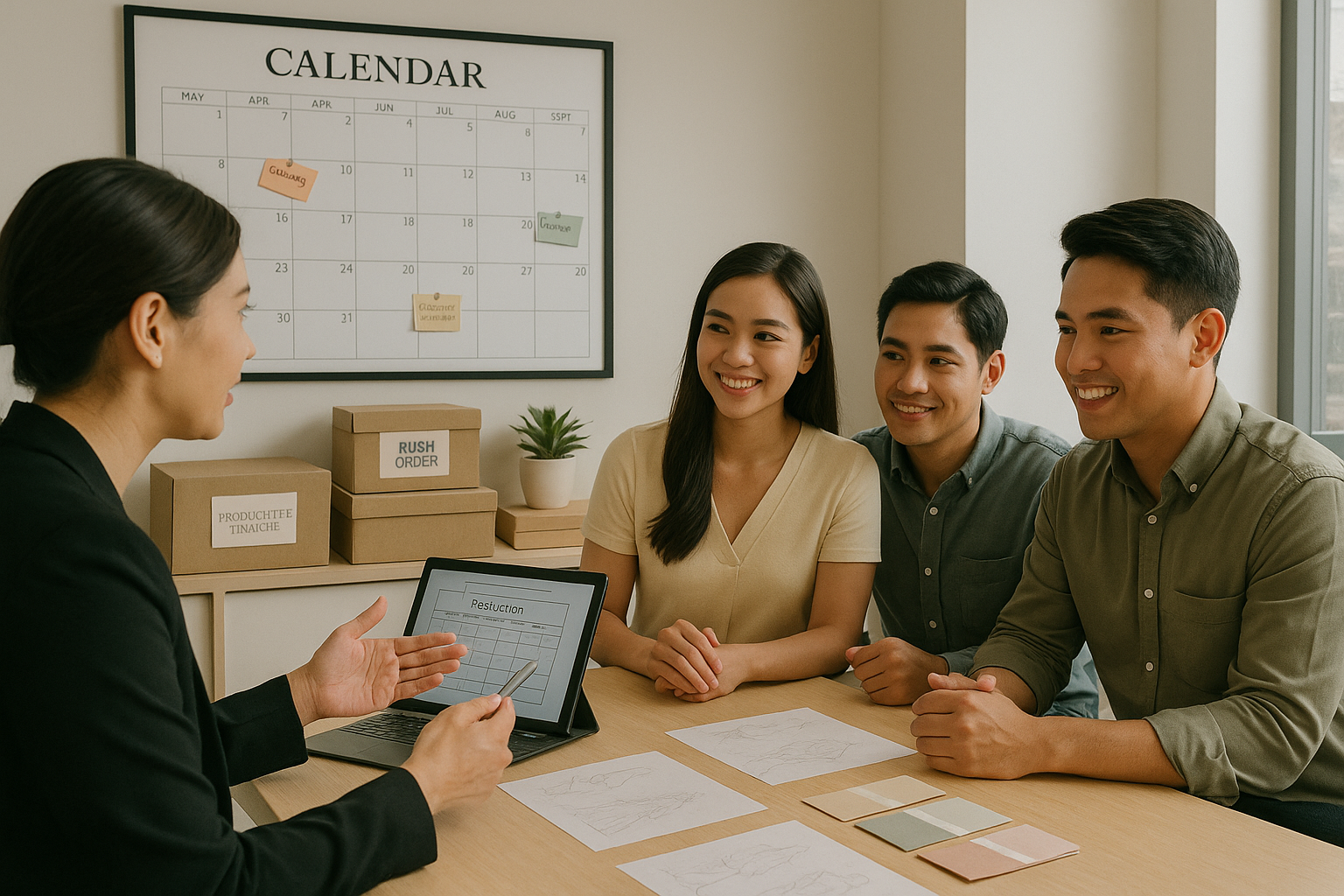 Young Filipino couple discussing lead times beside a calendar and production timeline with rush order boxes