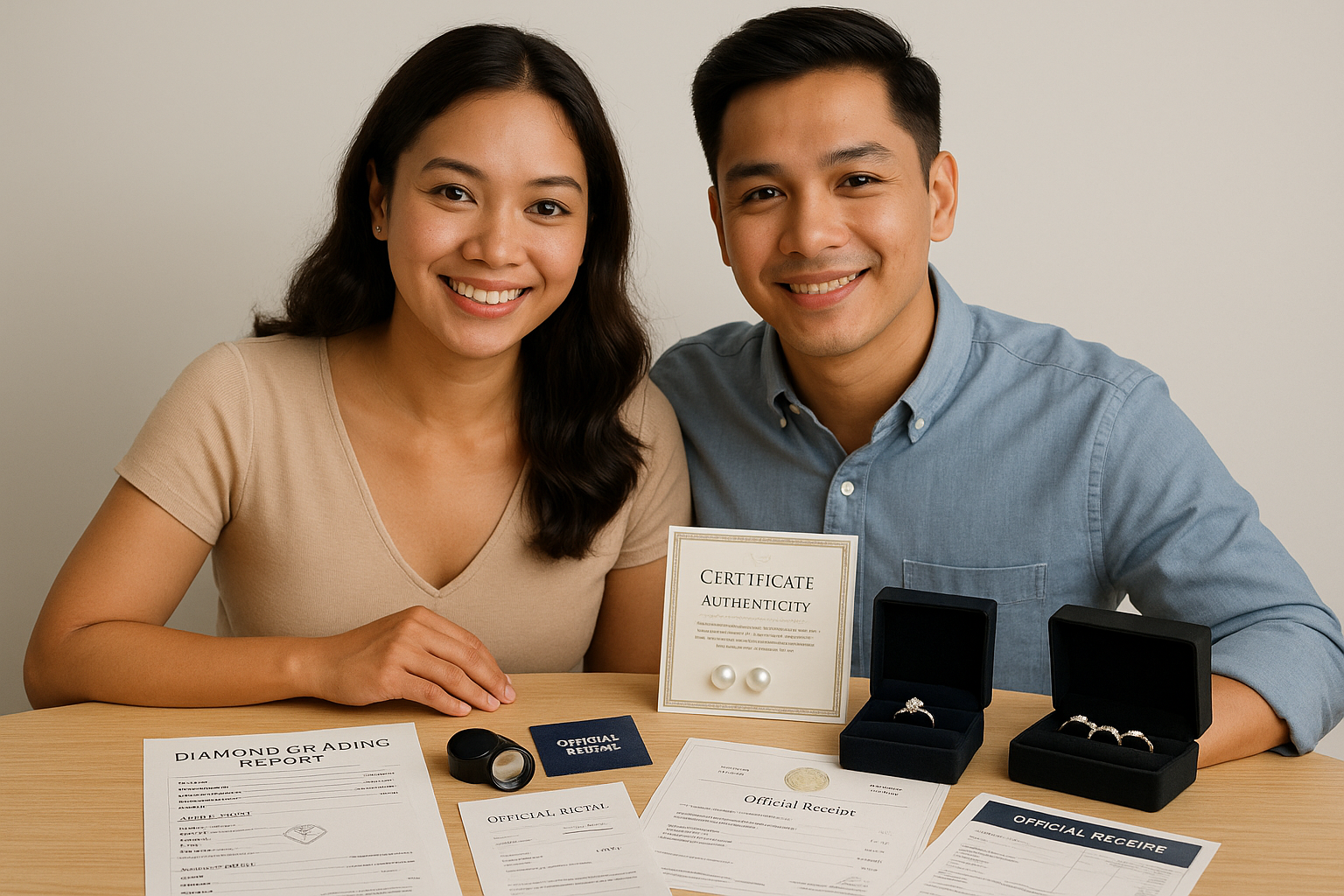 Close view of certificates appraisal authenticity papers and ring set held by a young Filipino couple