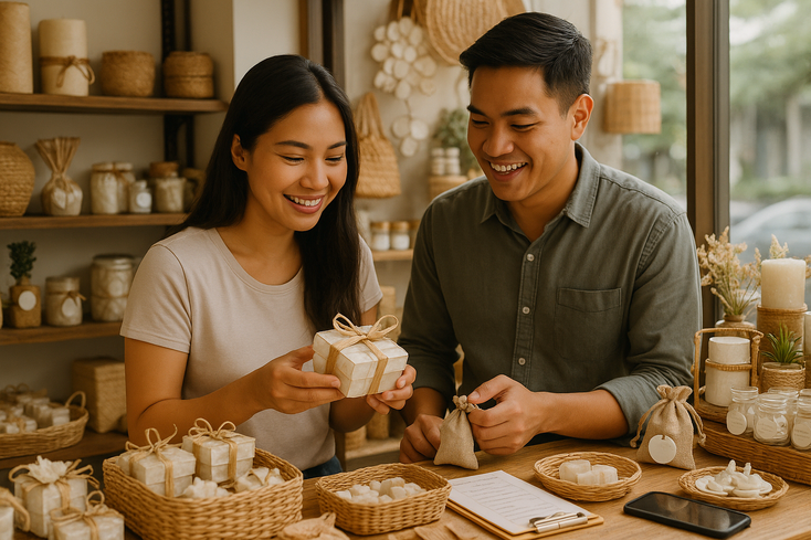 Young Filipino couple choosing wedding favors in a Manila artisan shop with capiz abaca and rattan