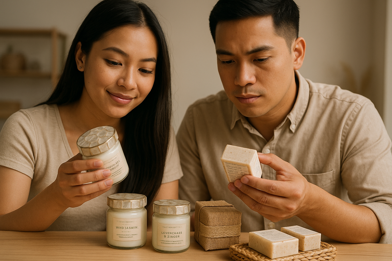 Young Filipino couple checking candle and soap quality with close up on textures and labels