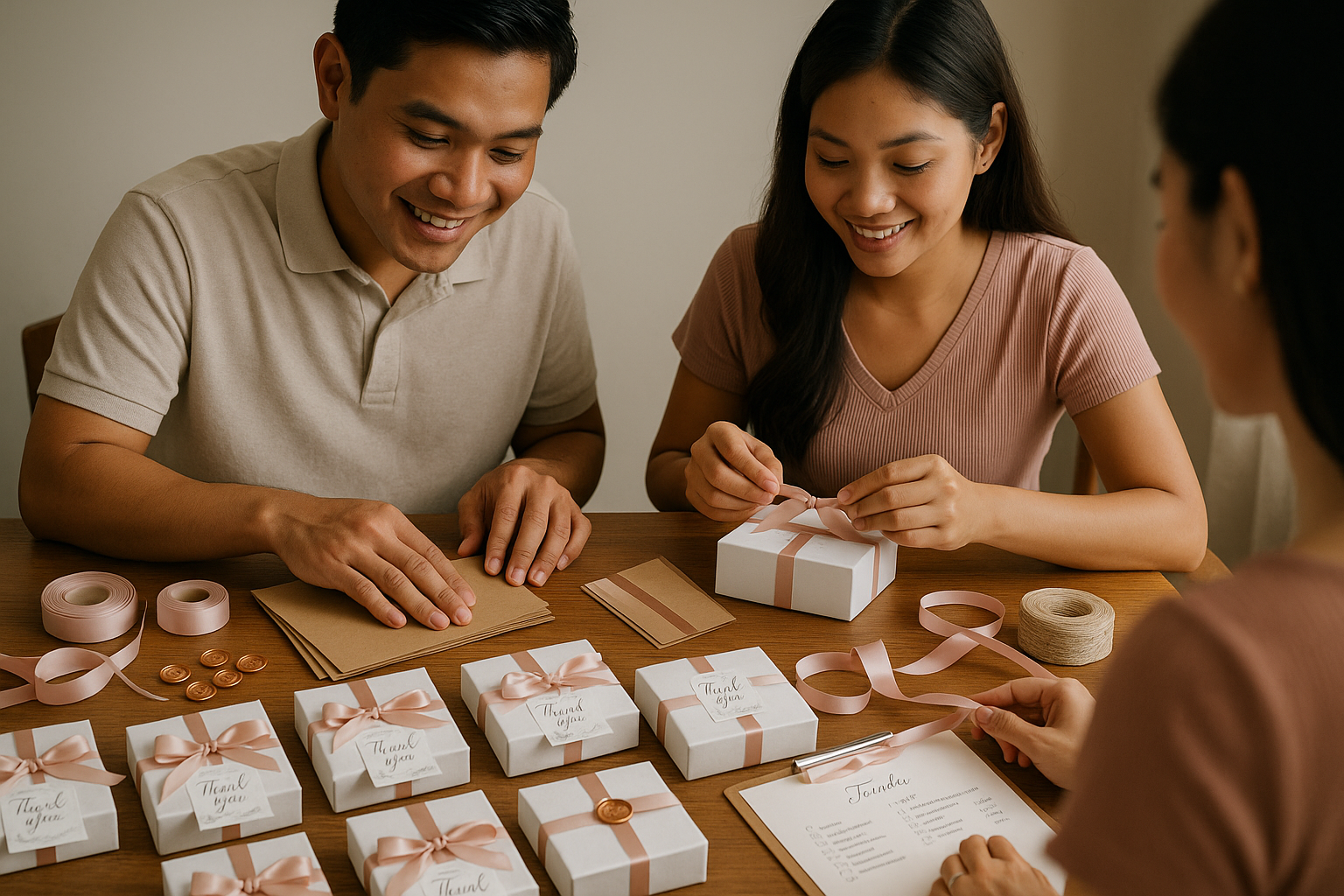 Young Filipino couple packing favors with ribbons wax seals and message inserts on a tidy table