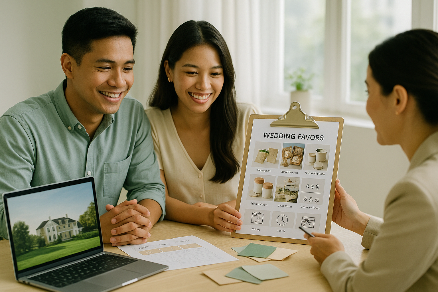 Young Filipino couple planning favor ideas with a moodboard of local gifts and timeline notes