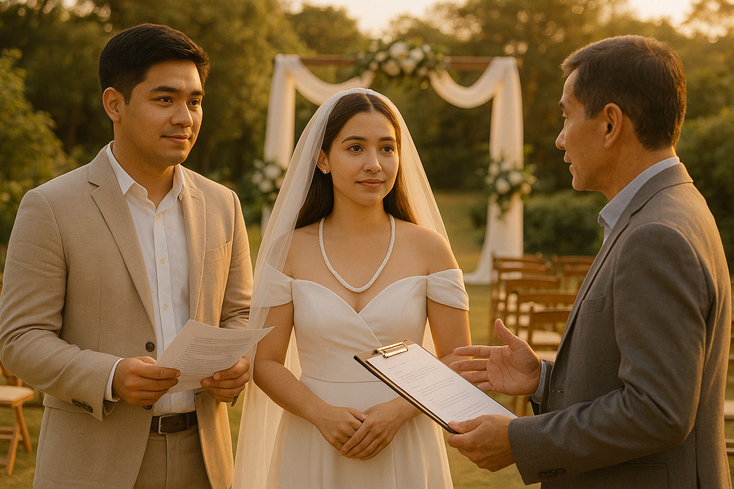 Young Filipino couple rehearsing vows with officiant at a garden altar with veil and cord props