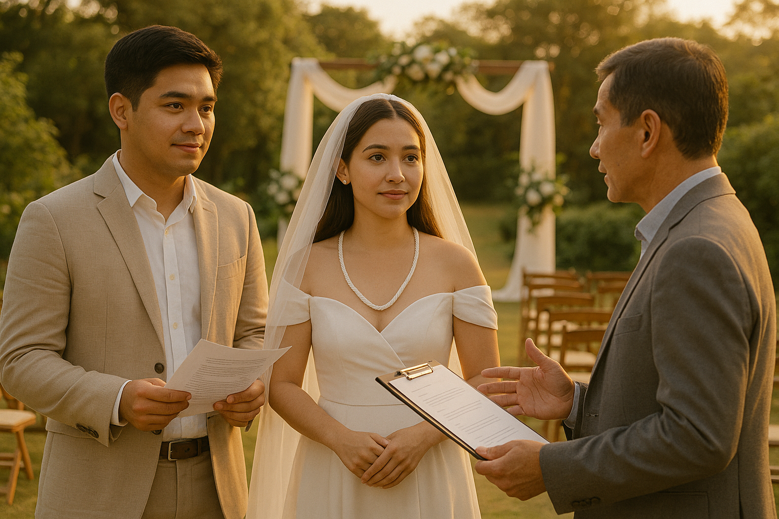 Young Filipino couple rehearsing vows with officiant at a garden altar with veil and cord props