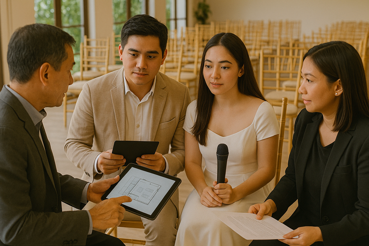 Young Filipino couple planning ceremony timeline with officiant microphones chairs and tablet visible