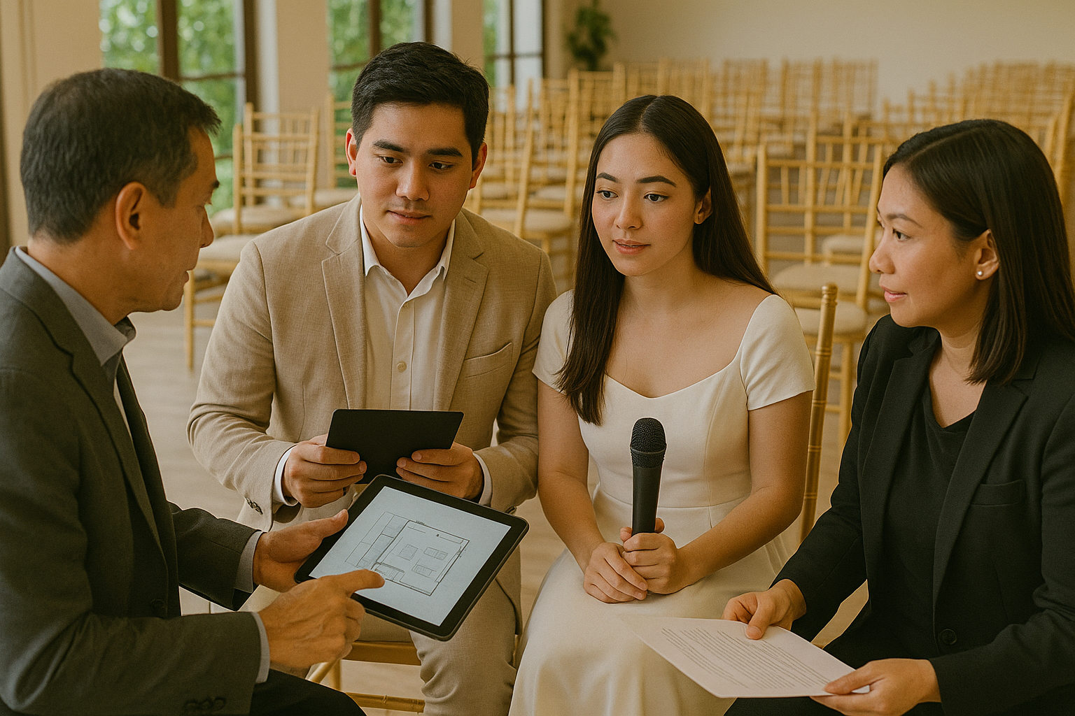 Young Filipino couple planning ceremony timeline with officiant microphones chairs and tablet visible