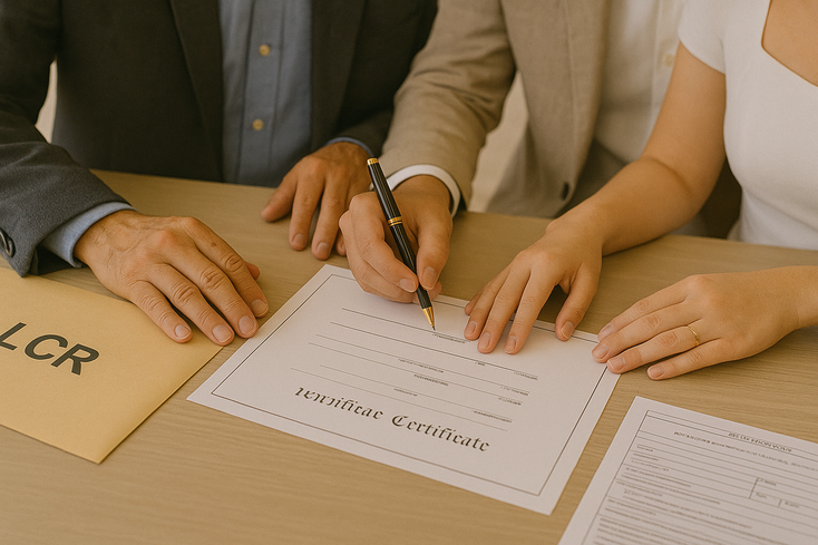 Young Filipino couple signing marriage certificate with officiant and LCR PSA paperwork on desk