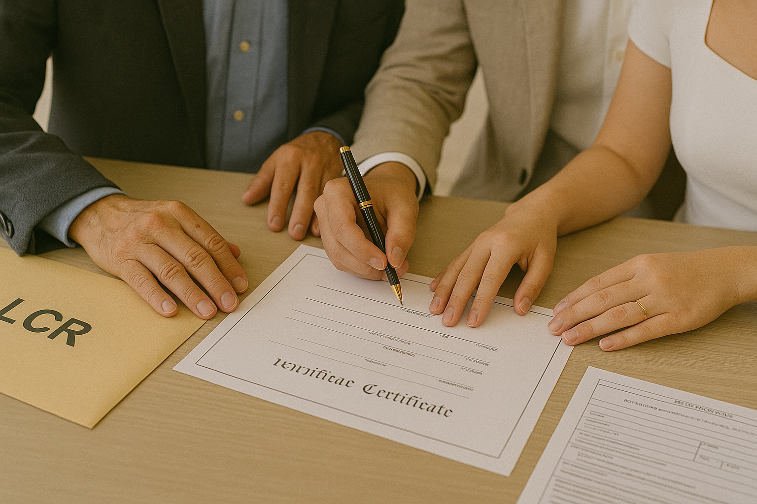Young Filipino couple signing marriage certificate with officiant and LCR PSA paperwork on desk