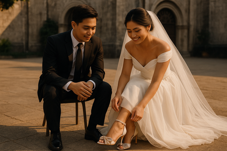 Young Filipino couple in wedding attire admiring bridal heels and groom shoes at a Manila church courtyard during golden hour