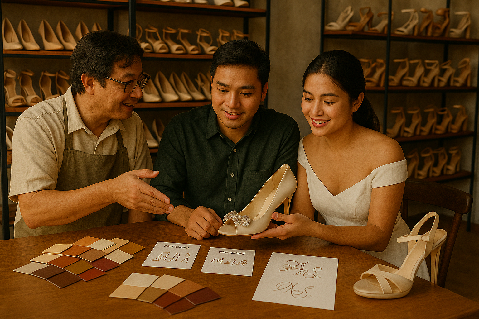 Young Filipino couple choosing custom wedding shoes in a Marikina workshop with swatches heels and monogram options