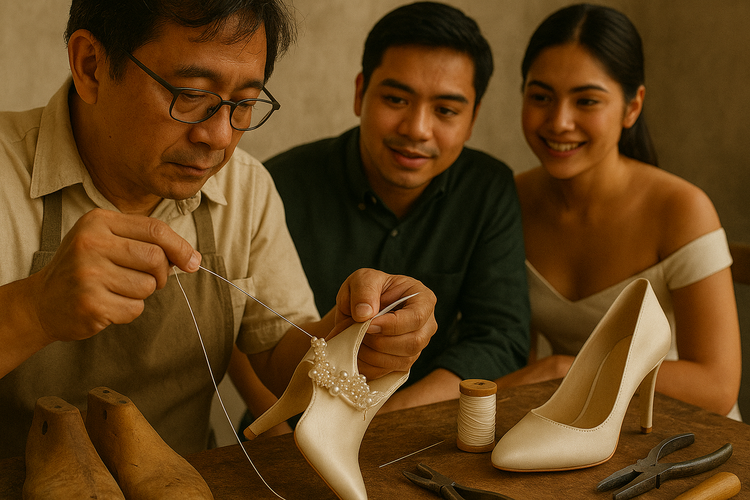 Marikina artisan stitching satin bridal shoes with leather and pearl details while a young Filipino couple observes